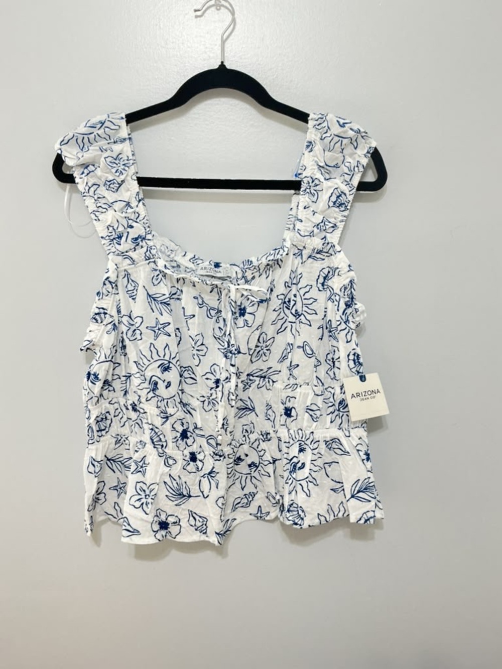 Arizona Jean Company White Tank Top with Blue Floral Printy